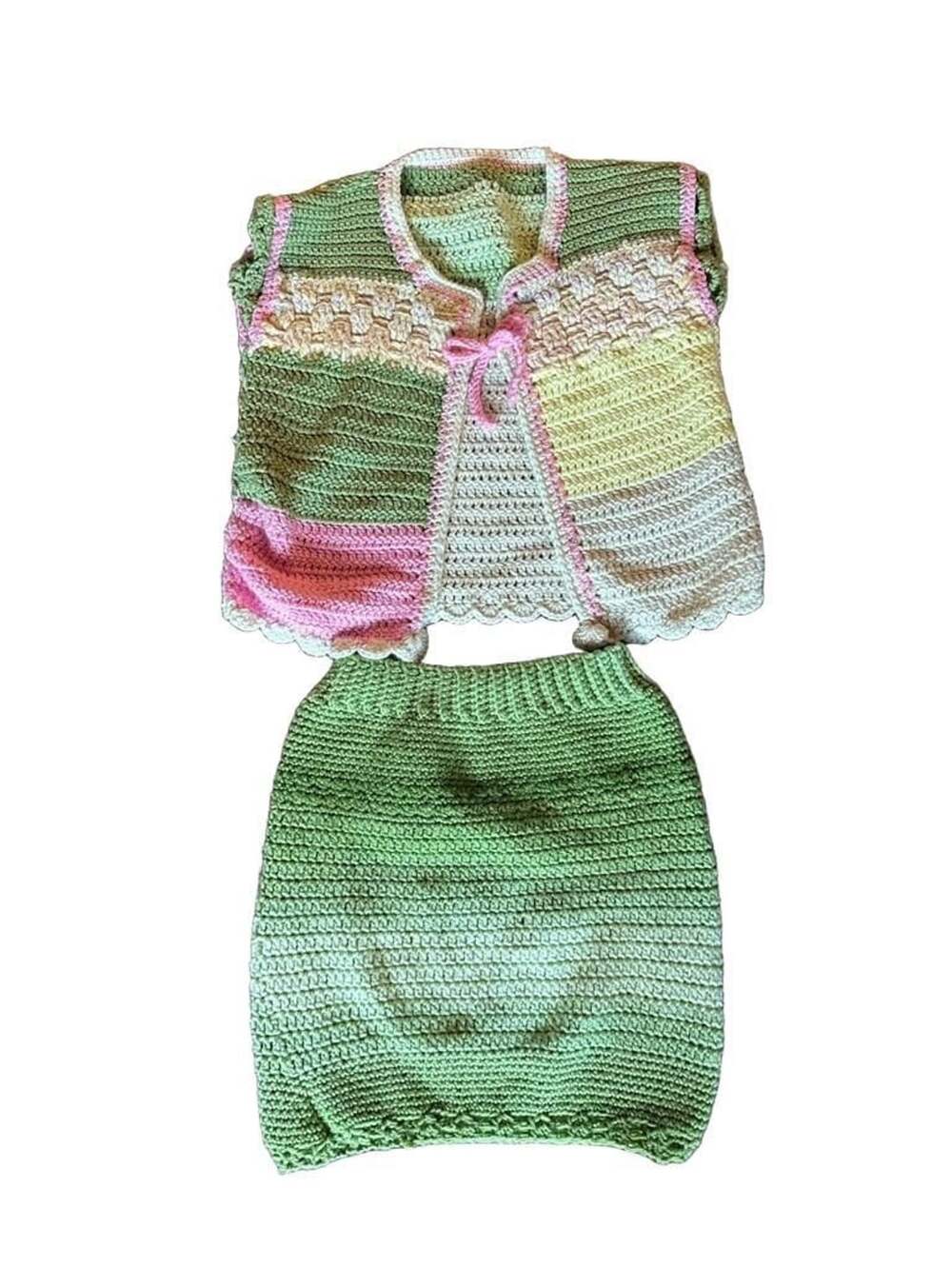 🌸💚Handmade Crochet Multicolor Pastels Cardigan Sweater and skirt set Size Smal